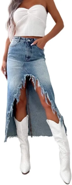 Melliflo Slit Long Denim Skirt for Women High Waist Button Down A-Line Distressed Midi Jean Skirt
