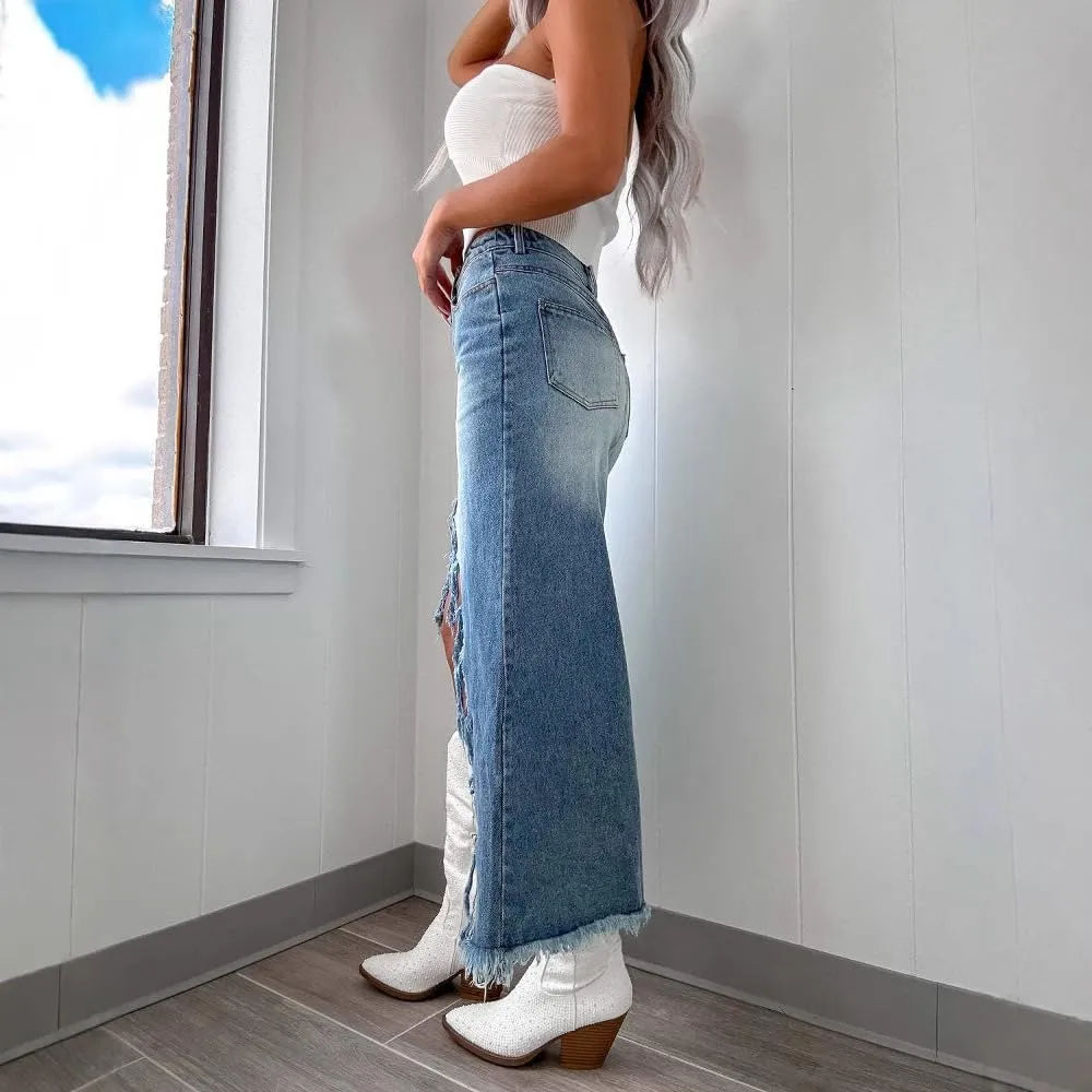Melliflo Slit Long Denim Skirt for Women High Waist Button Down A-Line Distressed Midi Jean Skirt