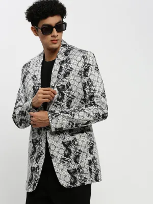 Men White Printed Notched Lapel Single Breasted Slim Fit Blazer
