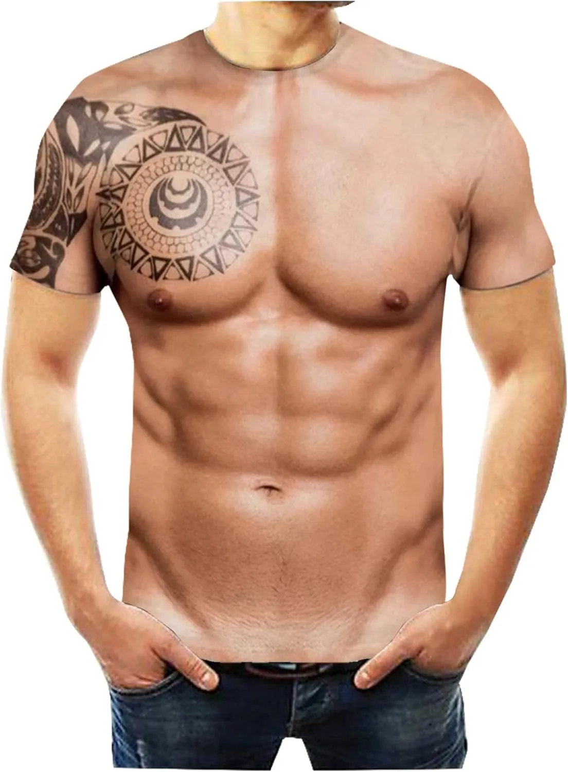 Men's Fake Muscle Short Sleeve T-Shirt Funny Casual 3D Graphic Tees Tops Lightweight Holiday Ugly Novelty Shirt Gift