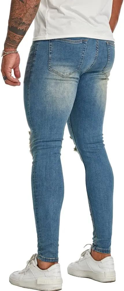 Men's Super Skinny Stretch Tapered Leg Slim Fit Ripped Distressed Jeans