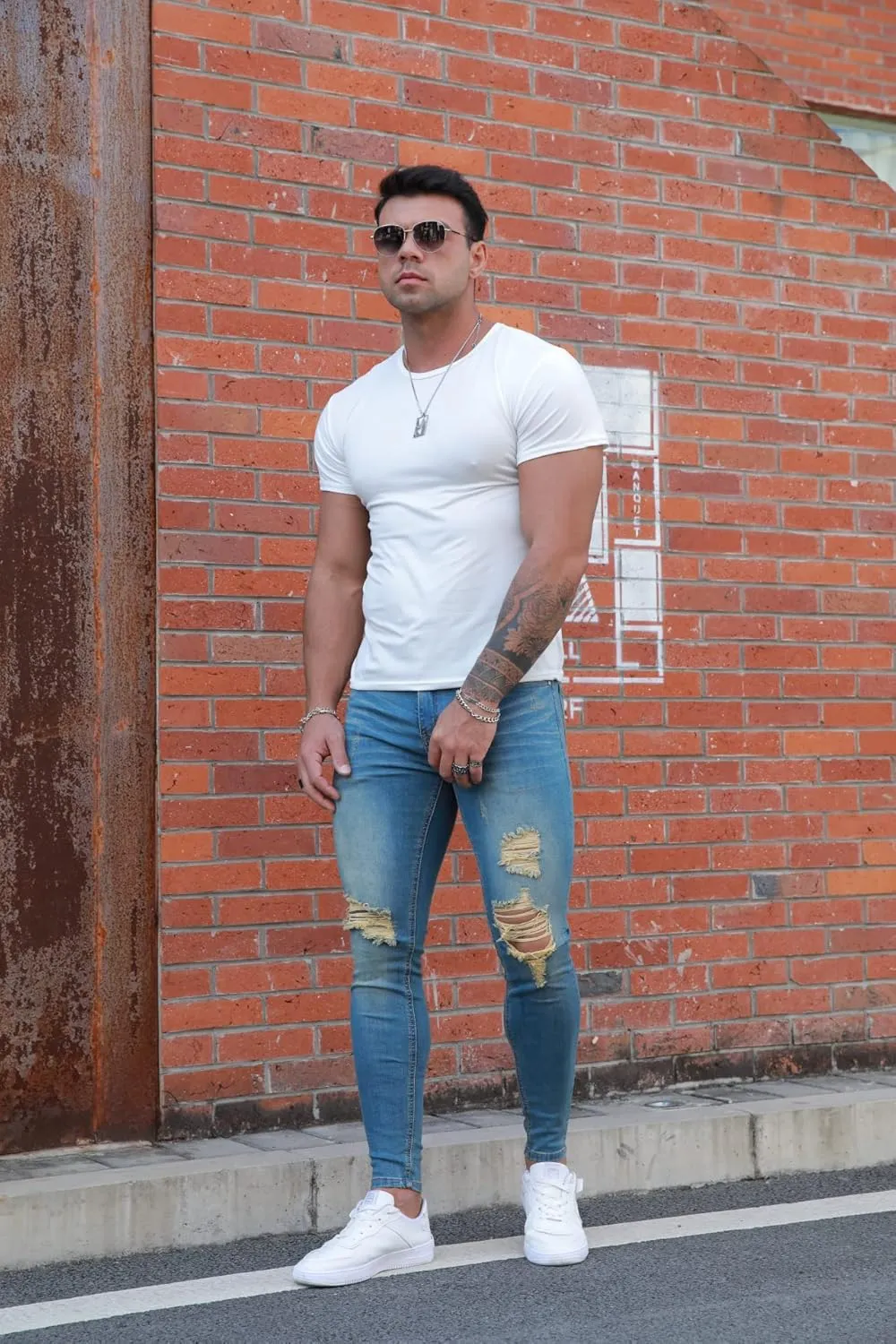 Men's Super Skinny Stretch Tapered Leg Slim Fit Ripped Distressed Jeans