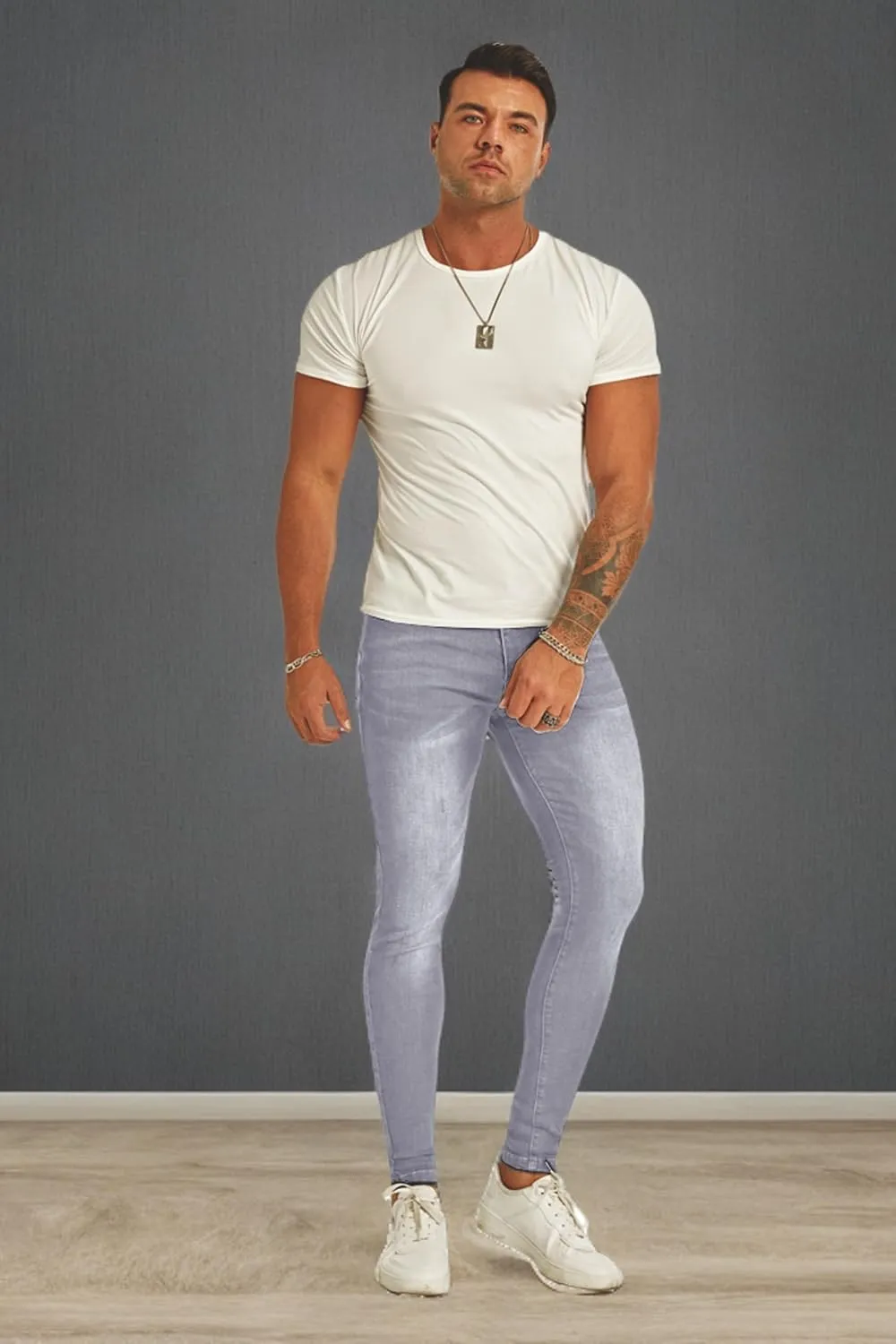 Men's Super Skinny Stretch Tapered Leg Slim Fit Ripped Distressed Jeans