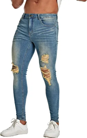 Men's Super Skinny Stretch Tapered Leg Slim Fit Ripped Distressed Jeans
