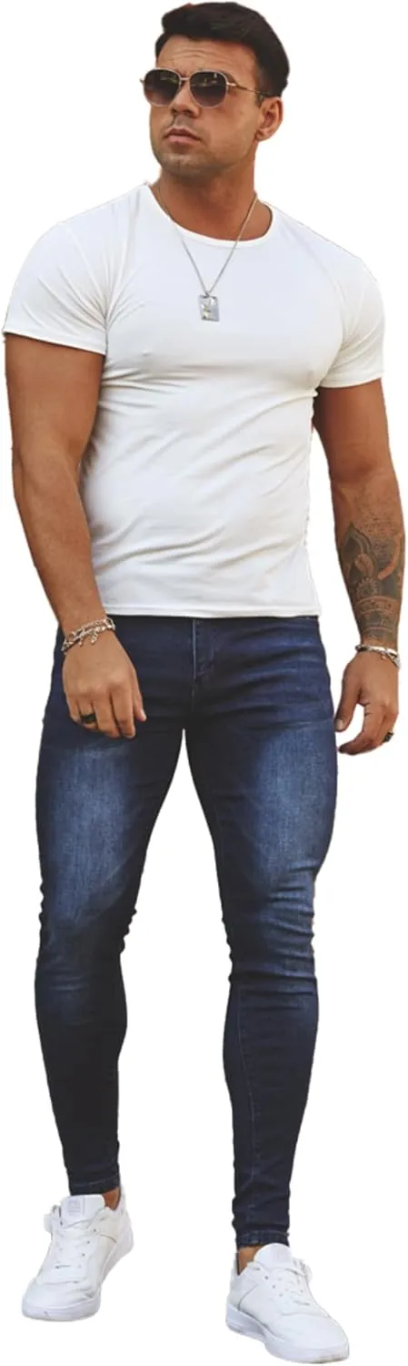 Men's Super Skinny Stretch Tapered Leg Slim Fit Ripped Distressed Jeans