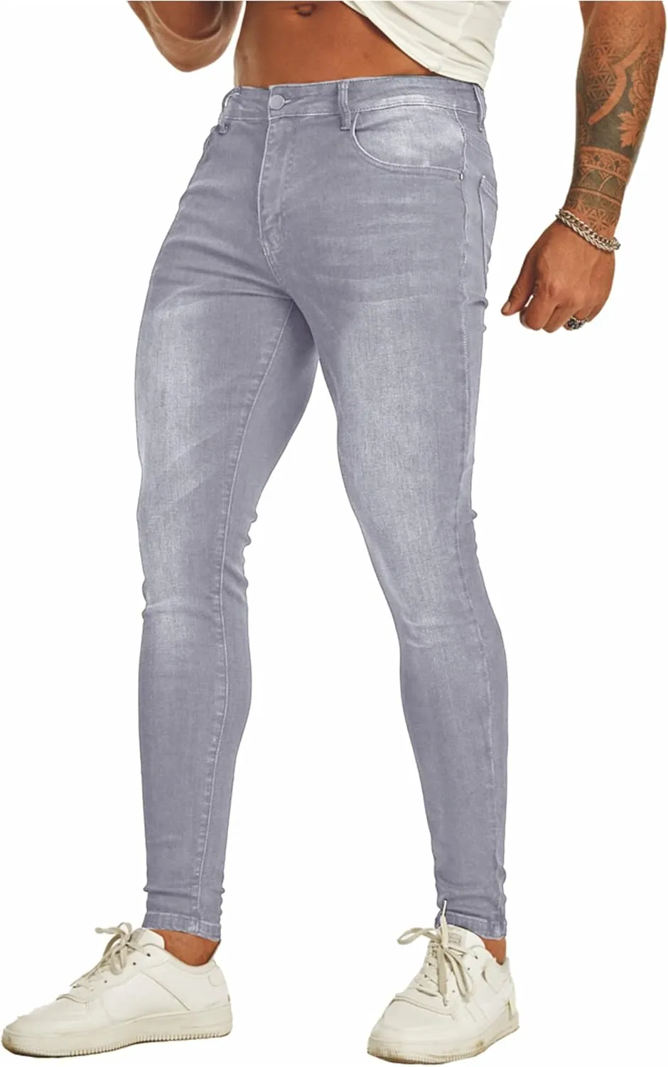 Men's Super Skinny Stretch Tapered Leg Slim Fit Ripped Distressed Jeans