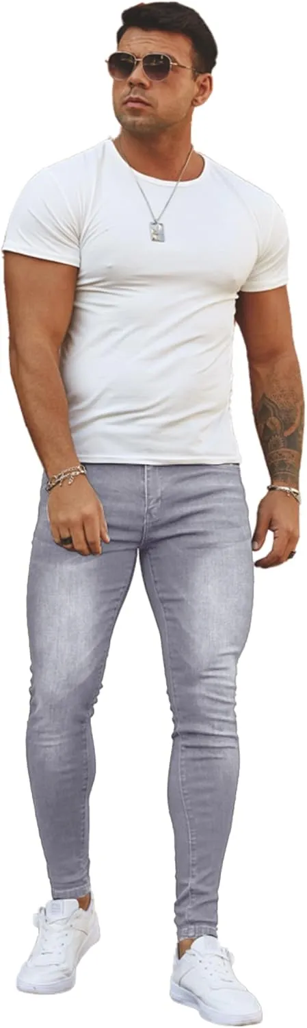 Men's Super Skinny Stretch Tapered Leg Slim Fit Ripped Distressed Jeans