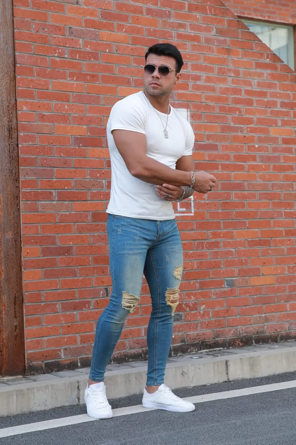 Men's Super Skinny Stretch Tapered Leg Slim Fit Ripped Distressed Jeans