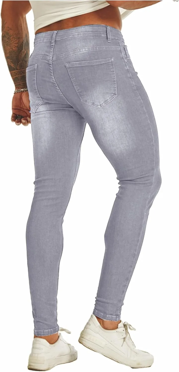 Men's Super Skinny Stretch Tapered Leg Slim Fit Ripped Distressed Jeans