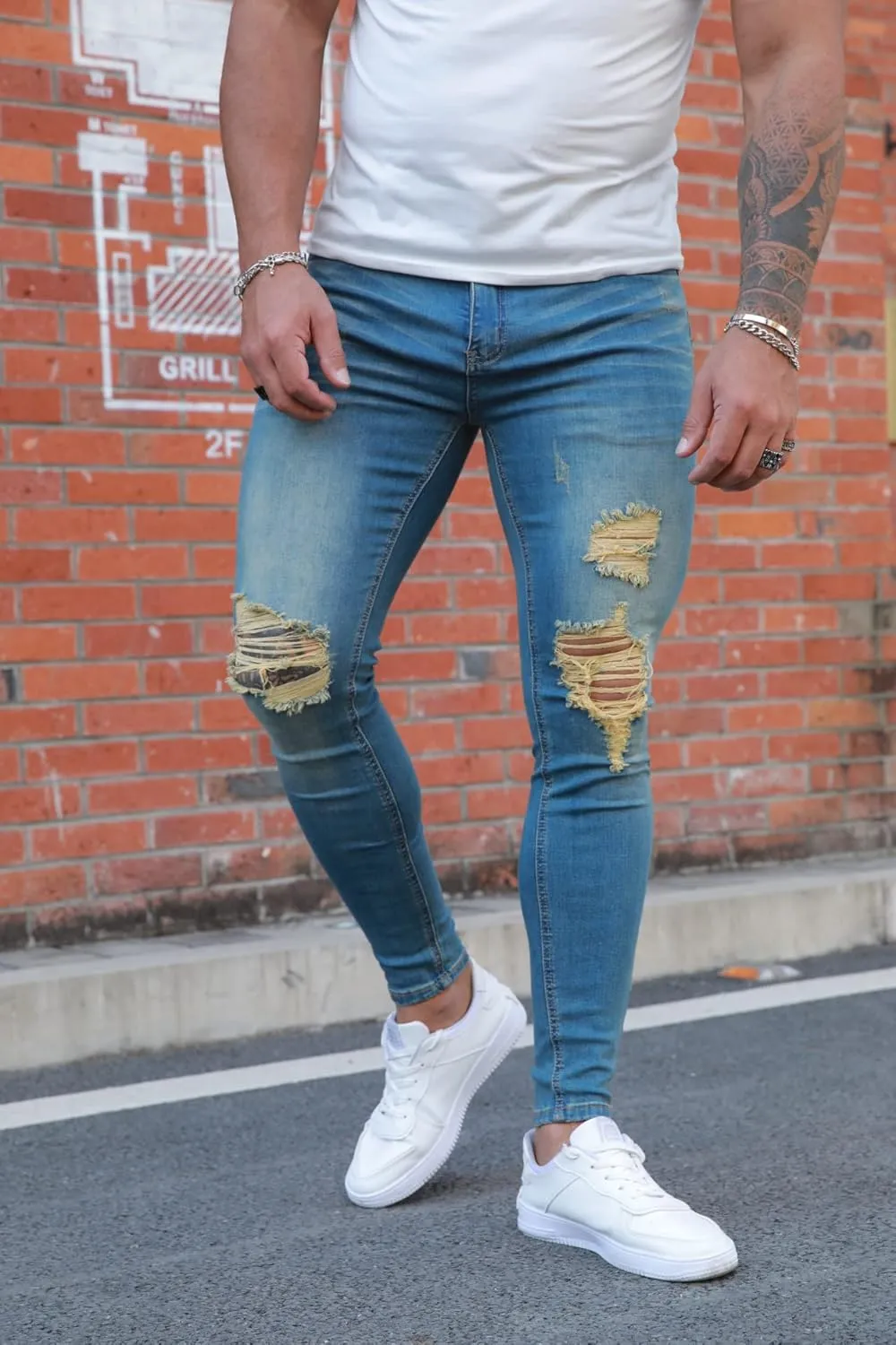 Men's Super Skinny Stretch Tapered Leg Slim Fit Ripped Distressed Jeans