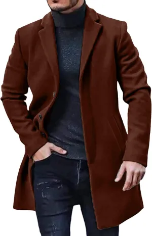 Men's Trench Coat 2024 Trendy Notch Lapel Wool Blend Warm Overcoat Casual Single Breasted Long Jackets