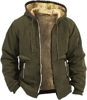 Mens Winter Coat Heavyweight Sherpa Fleece Lined Warm Hoodies Retro Full Zip Thick Winter Jackets with Zipper Pockets