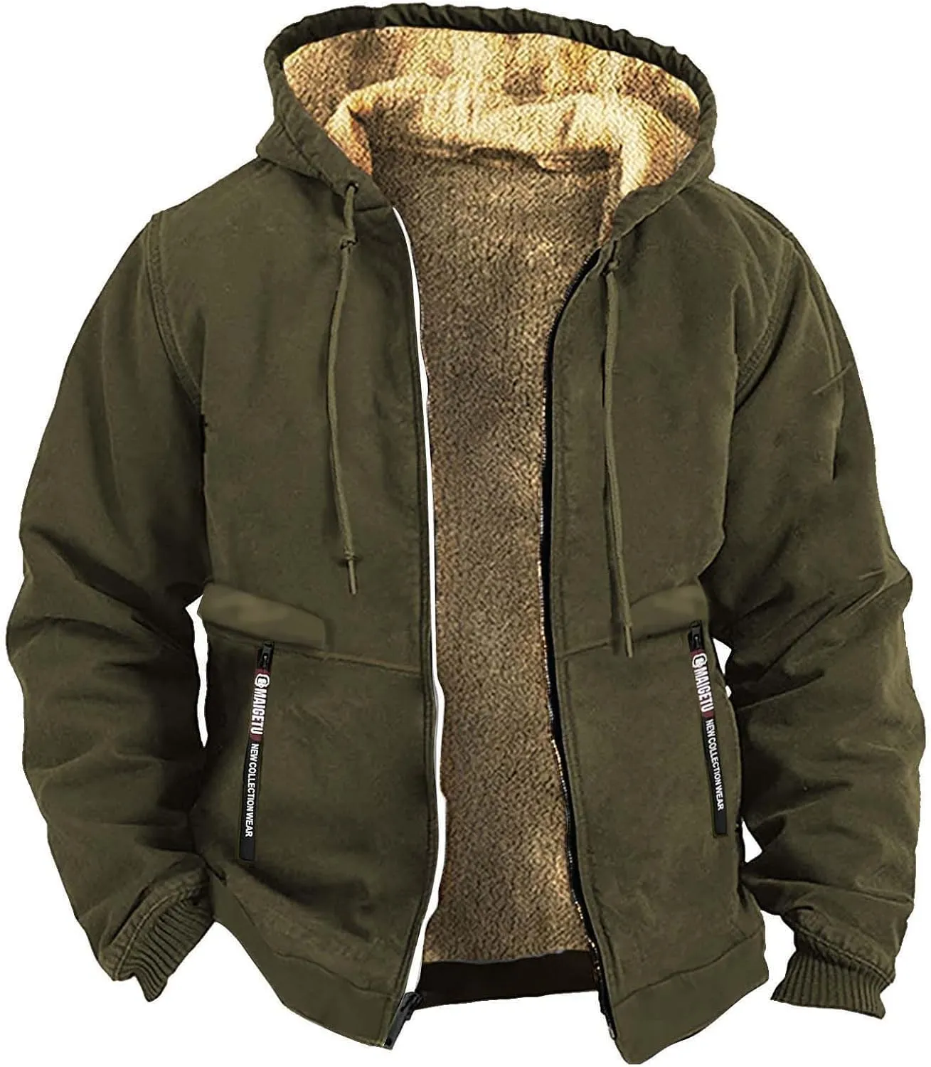 Mens Winter Coat Heavyweight Sherpa Fleece Lined Warm Hoodies Retro Full Zip Thick Winter Jackets with Zipper Pockets