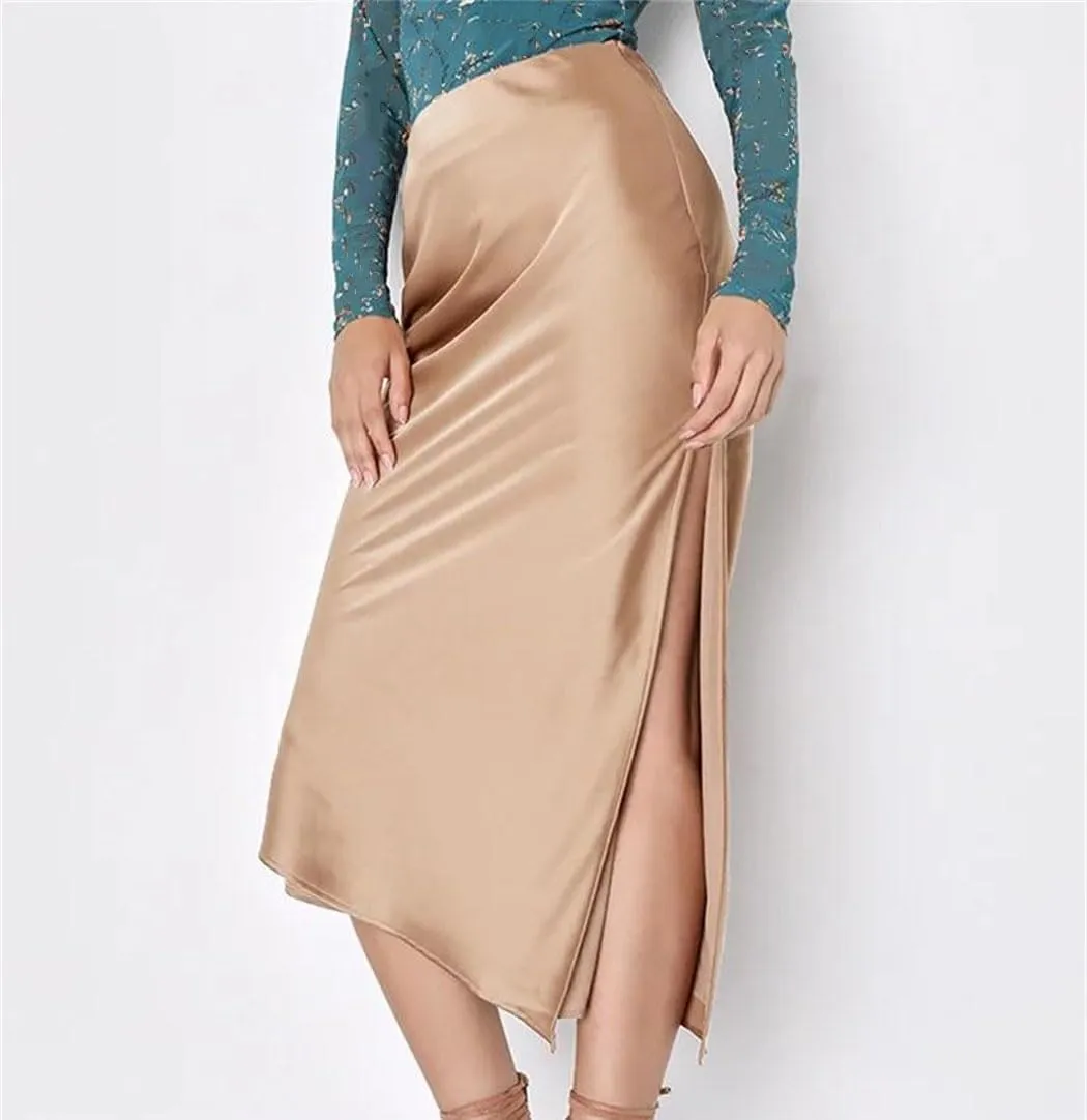 Midi Asymmetrical Slit Satin Skirt for Women Spring Summer Elegant High Waist A-Line Midi Skirts