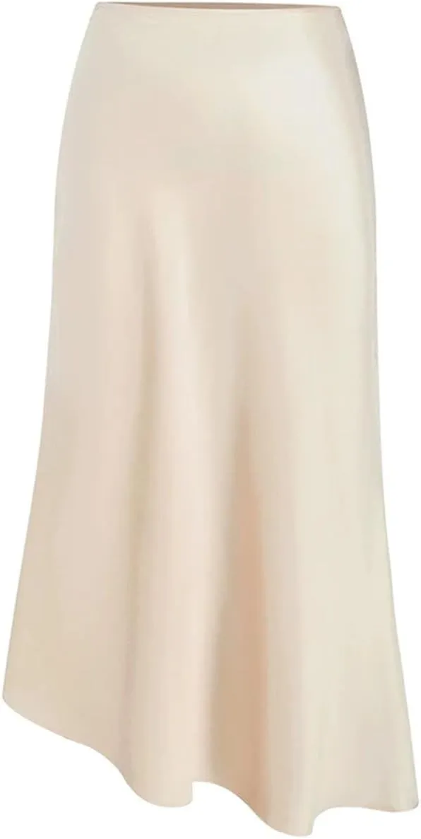 Midi Asymmetrical Slit Satin Skirt for Women Spring Summer Elegant High Waist A-Line Midi Skirts