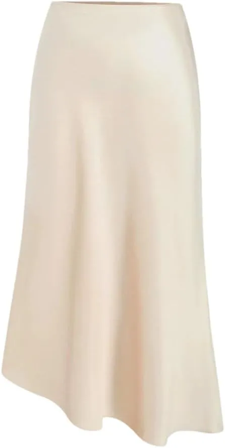 Midi Asymmetrical Slit Satin Skirt for Women Spring Summer Elegant High Waist A-Line Midi Skirts