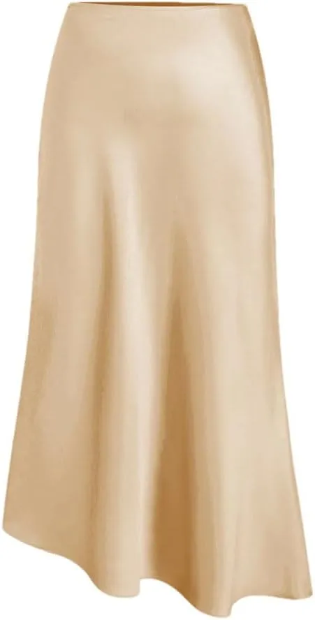 Midi Asymmetrical Slit Satin Skirt for Women Spring Summer Elegant High Waist A-Line Midi Skirts
