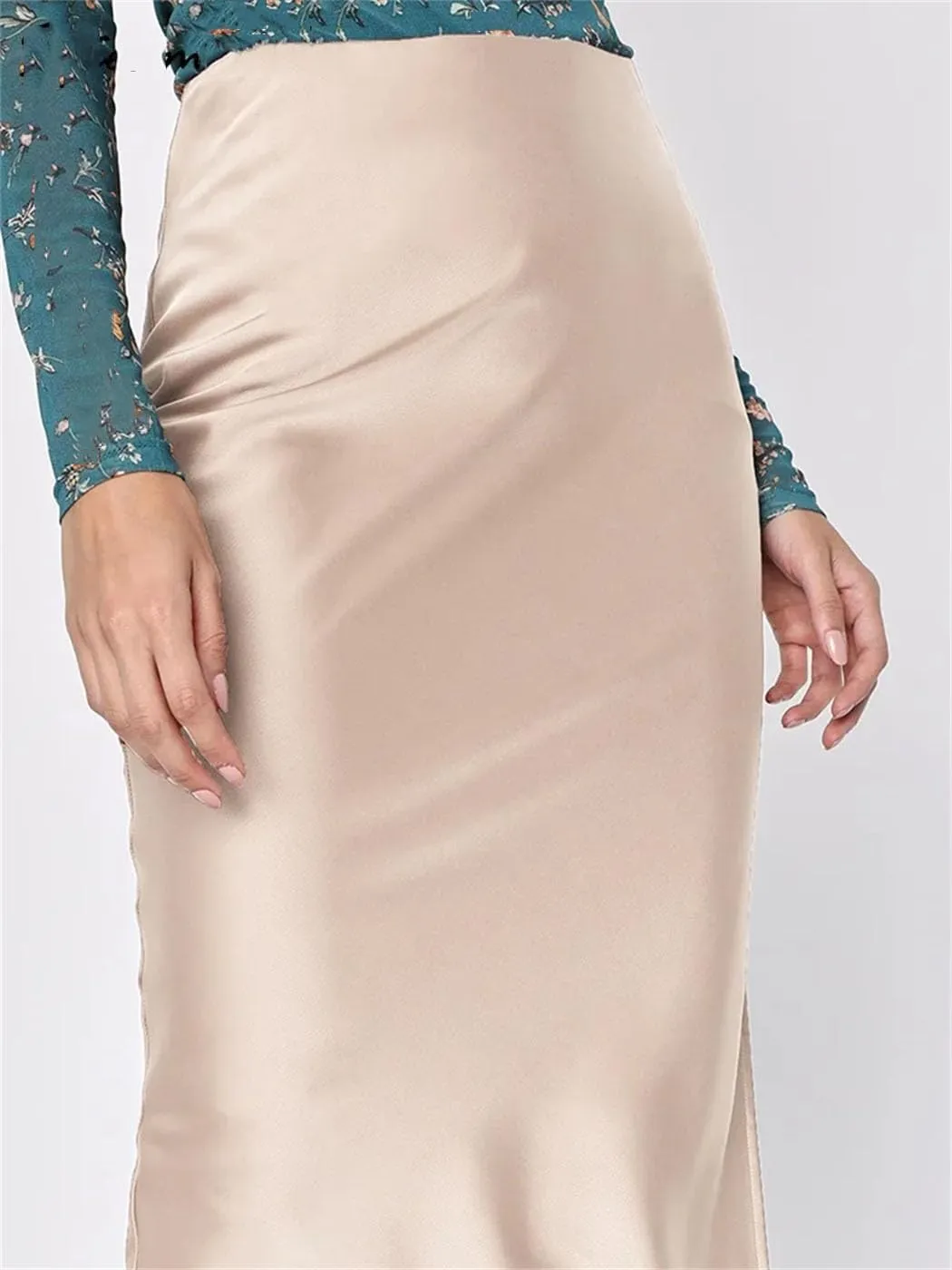 Midi Asymmetrical Slit Satin Skirt for Women Spring Summer Elegant High Waist A-Line Midi Skirts