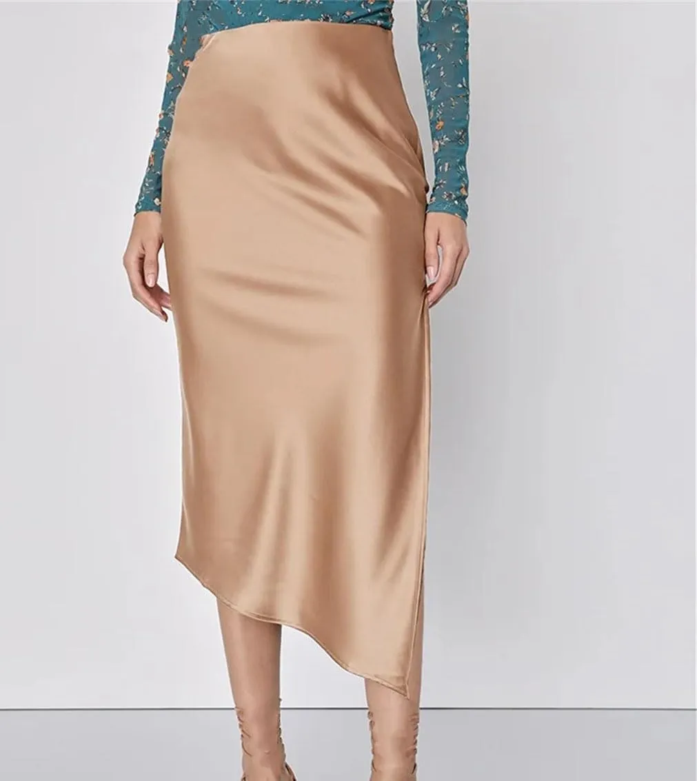 Midi Asymmetrical Slit Satin Skirt for Women Spring Summer Elegant High Waist A-Line Midi Skirts