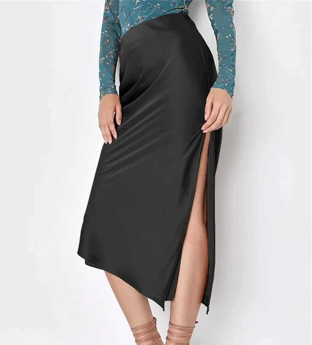 Midi Asymmetrical Slit Satin Skirt for Women Spring Summer Elegant High Waist A-Line Midi Skirts