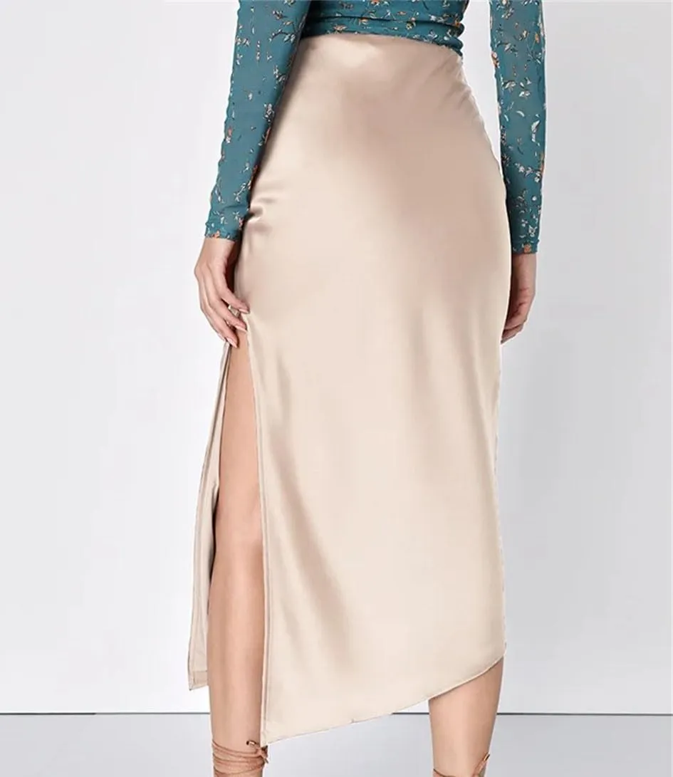 Midi Asymmetrical Slit Satin Skirt for Women Spring Summer Elegant High Waist A-Line Midi Skirts