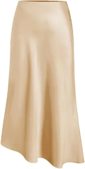 Midi Asymmetrical Slit Satin Skirt for Women Spring Summer Elegant High Waist A-Line Midi Skirts