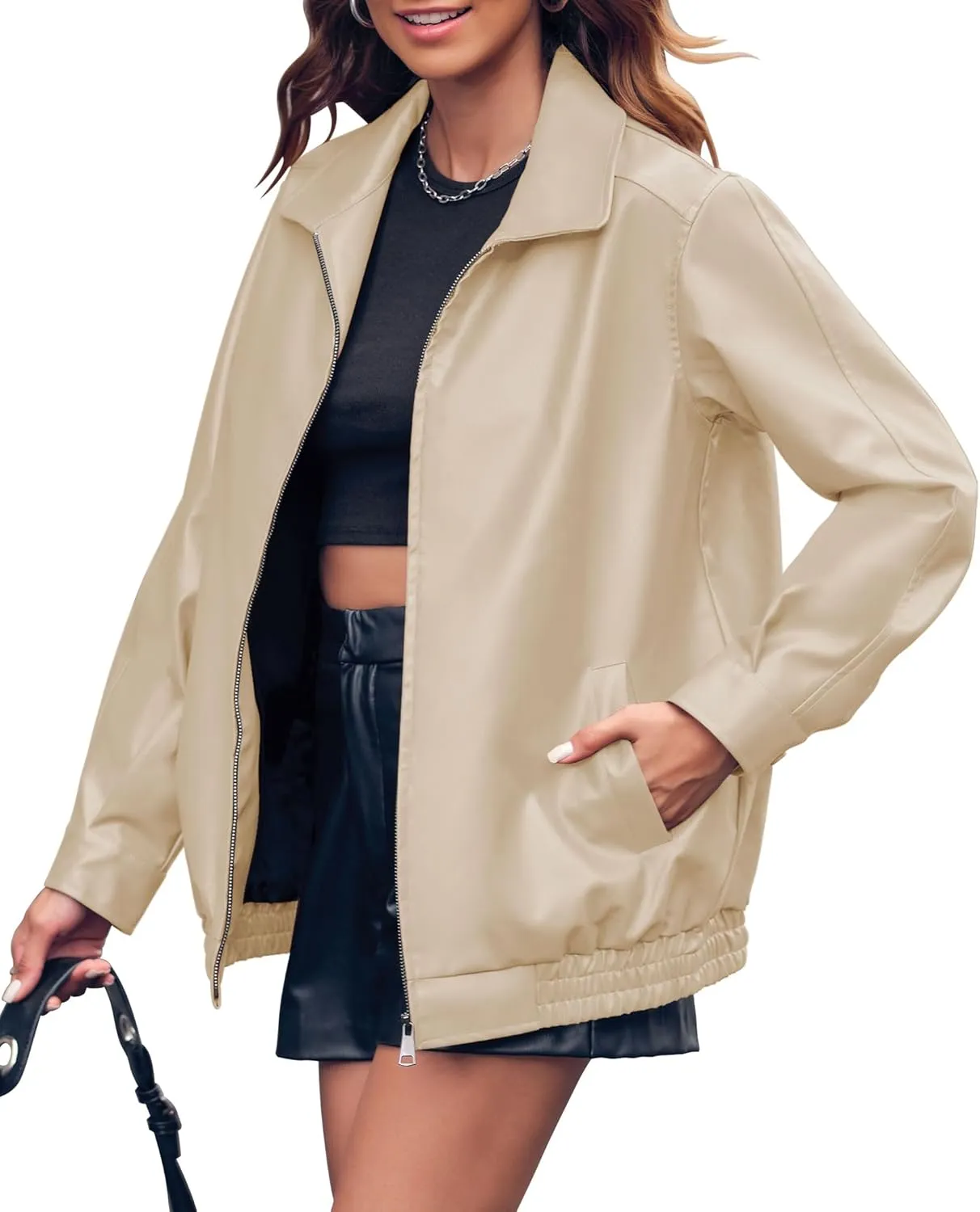 Miladusa Womens Oversized Leather Jackets Faux Casual Zip Up Trendy Bomber Motorcycle Jacket with Pockets S-XL