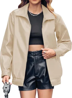 Miladusa Womens Oversized Leather Jackets Faux Casual Zip Up Trendy Bomber Motorcycle Jacket with Pockets S-XL