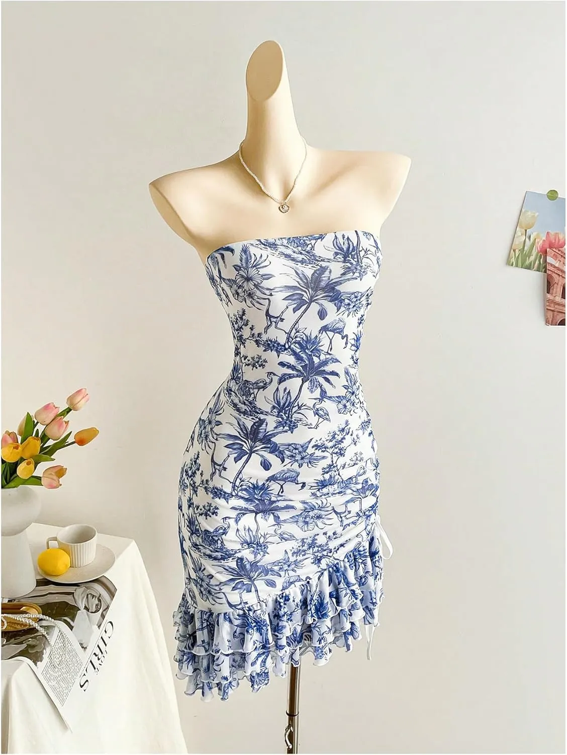 Milumia Women's Floral Print Strapless Tube Dress Ruched Ruffle Hem Bodycon Mini Dresses