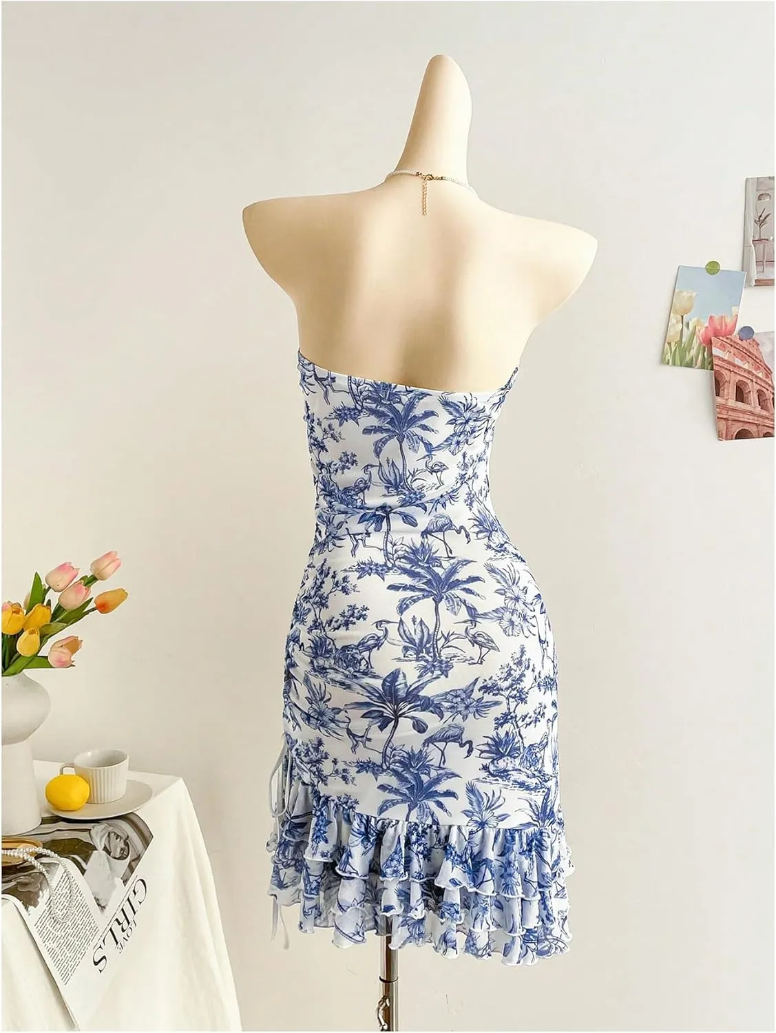 Milumia Women's Floral Print Strapless Tube Dress Ruched Ruffle Hem Bodycon Mini Dresses