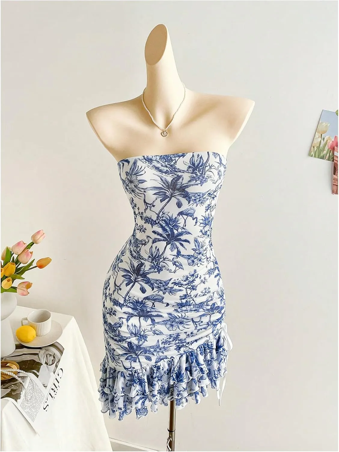 Milumia Women's Floral Print Strapless Tube Dress Ruched Ruffle Hem Bodycon Mini Dresses