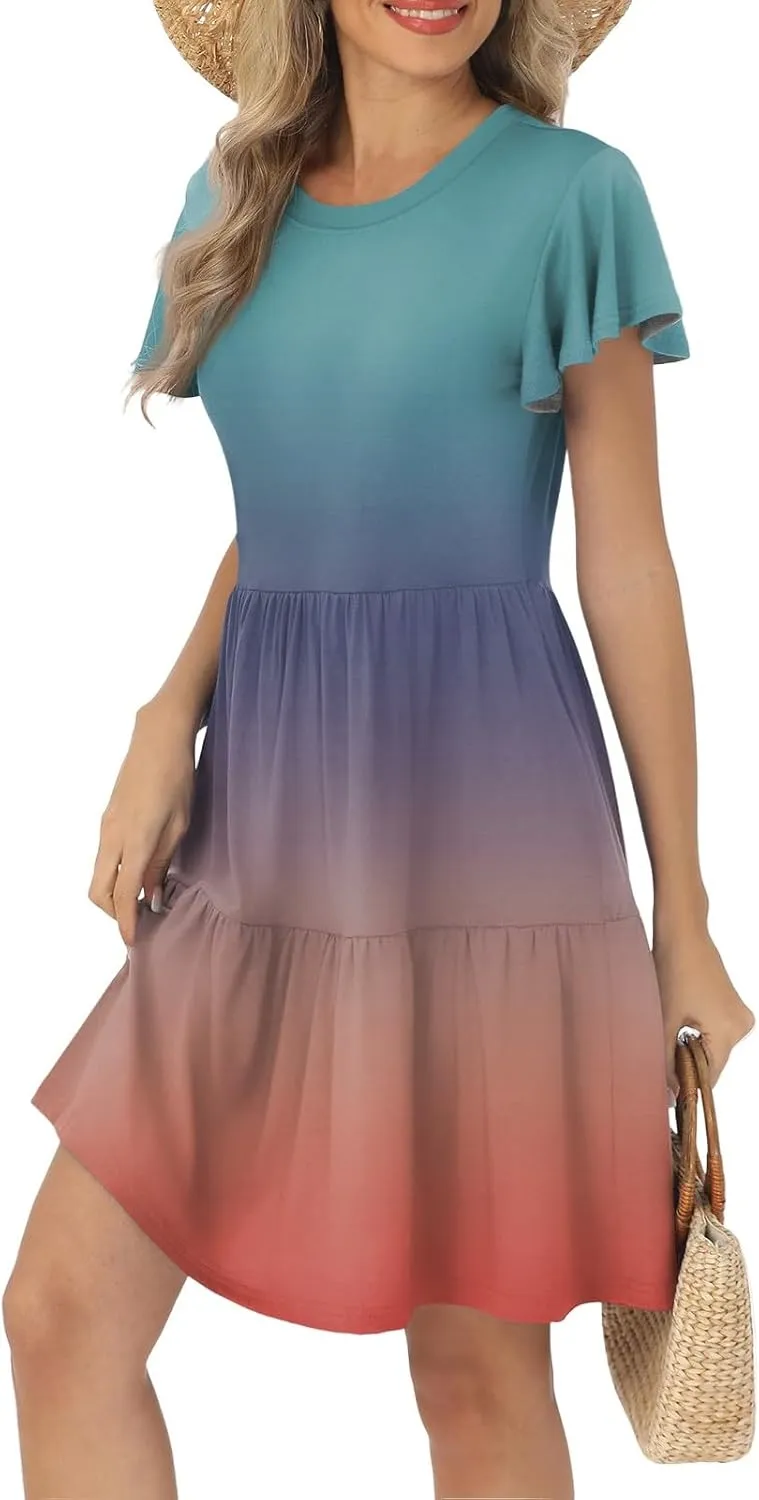 Mini Dresses for Women Tiered Crewneck Ruffle Short Sleeve Dress Summer Casual Loose Fit Beach Vacation Dresses