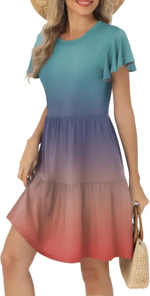 Mini Dresses for Women Tiered Crewneck Ruffle Short Sleeve Dress Summer Casual Loose Fit Beach Vacation Dresses