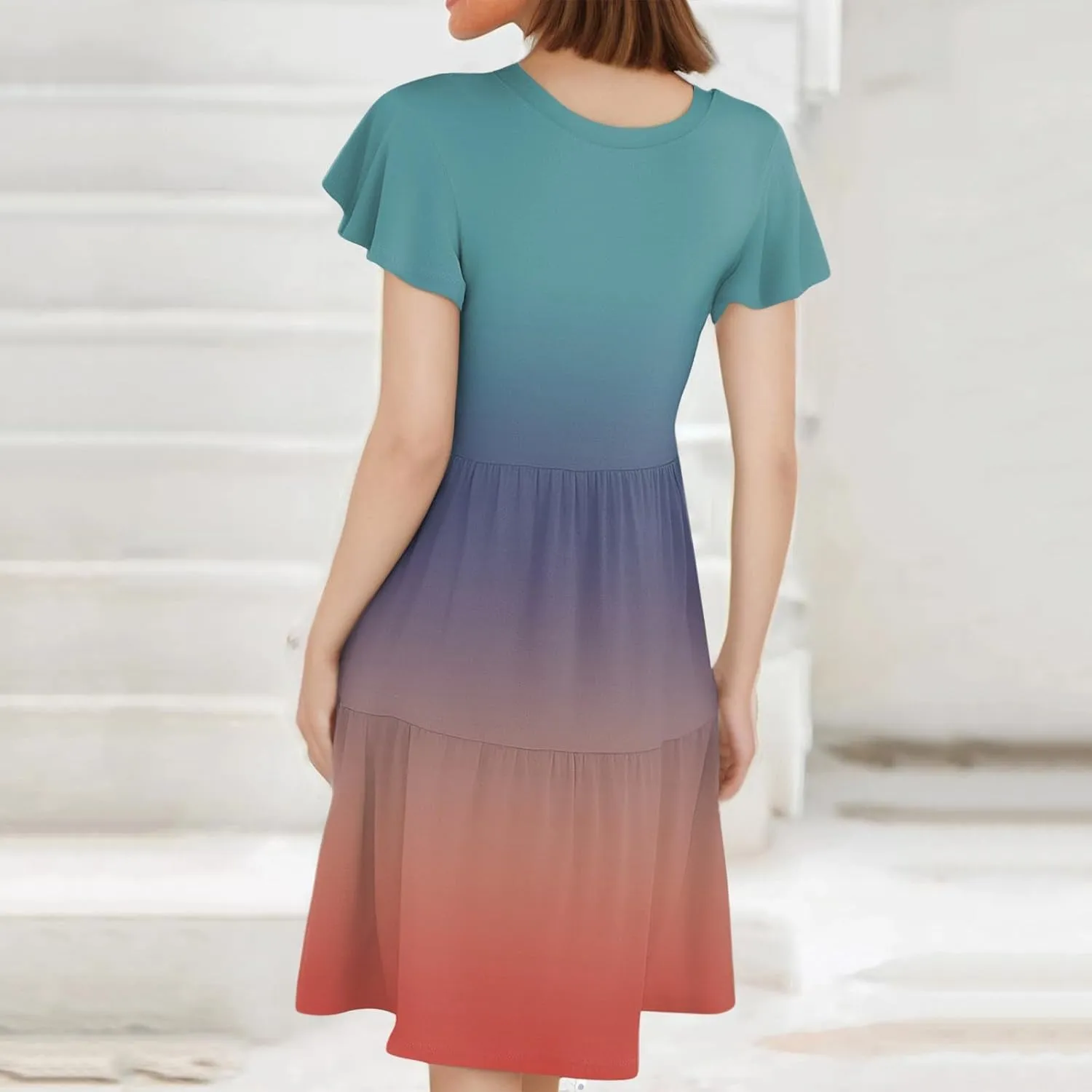 Mini Dresses for Women Tiered Crewneck Ruffle Short Sleeve Dress Summer Casual Loose Fit Beach Vacation Dresses