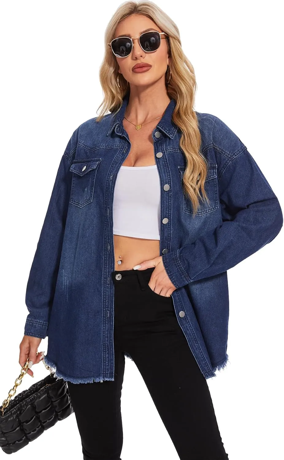 MISS MOLY Denim Jacket for Women Trendy Oversized Long Sleeve Frayed Hem Boyfriend Jean Shacket Coat