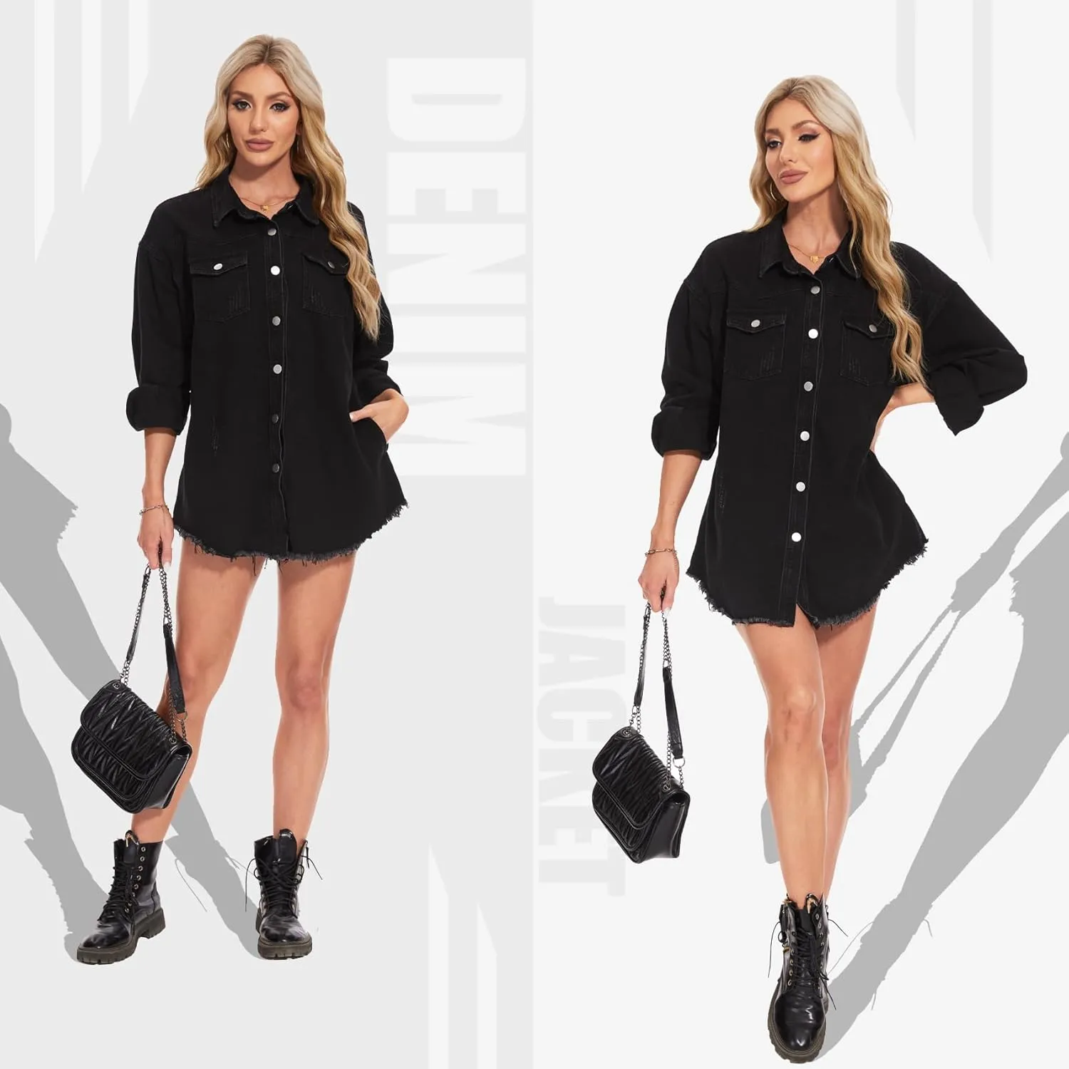 MISS MOLY Denim Jacket for Women Trendy Oversized Long Sleeve Frayed Hem Boyfriend Jean Shacket Coat