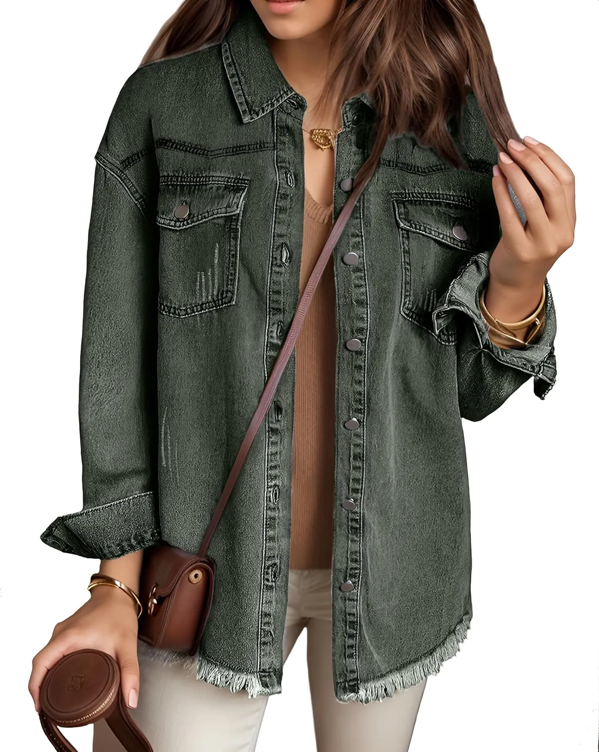 MISS MOLY Denim Jacket for Women Trendy Oversized Long Sleeve Frayed Hem Boyfriend Jean Shacket Coat