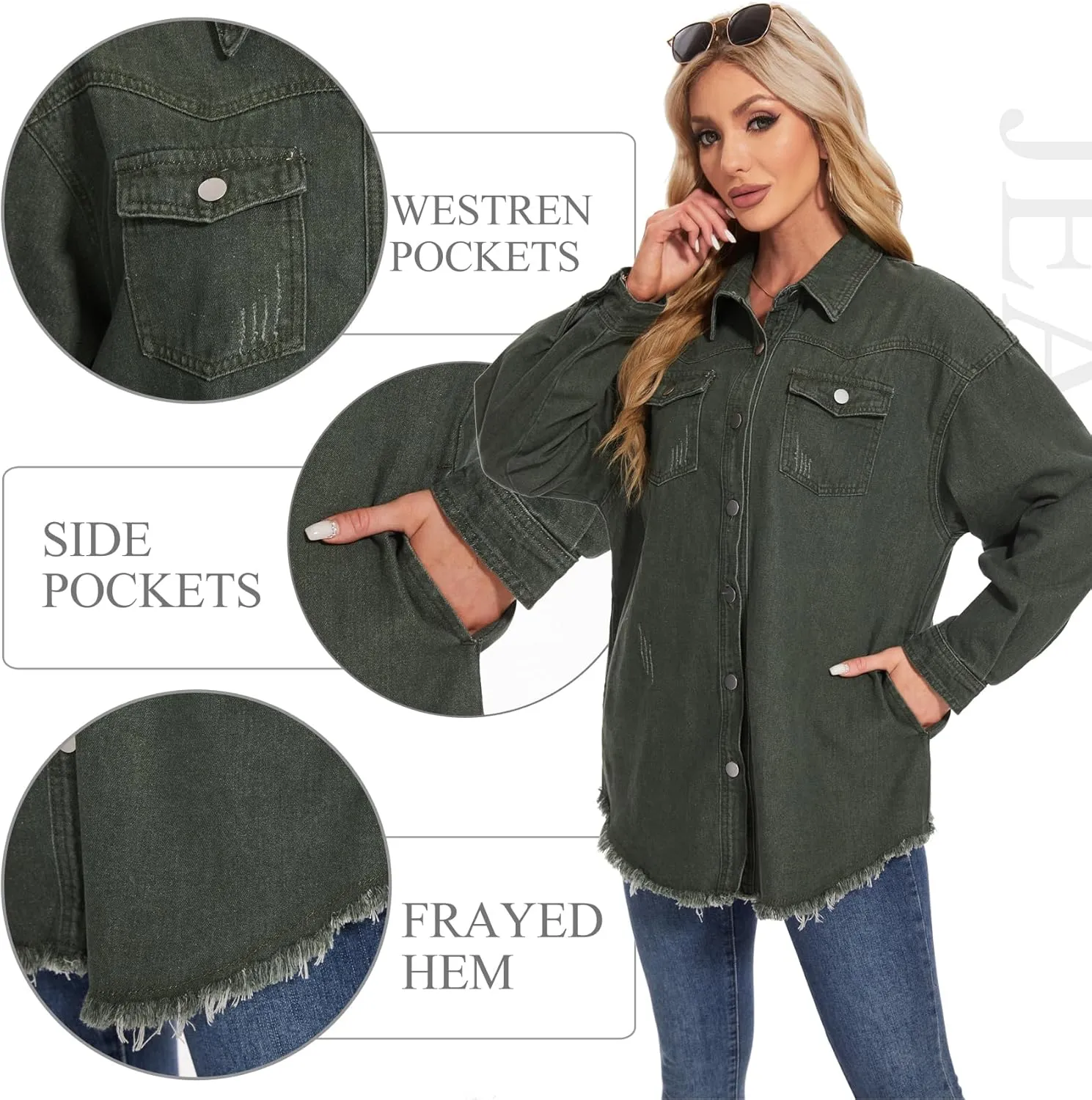 MISS MOLY Denim Jacket for Women Trendy Oversized Long Sleeve Frayed Hem Boyfriend Jean Shacket Coat