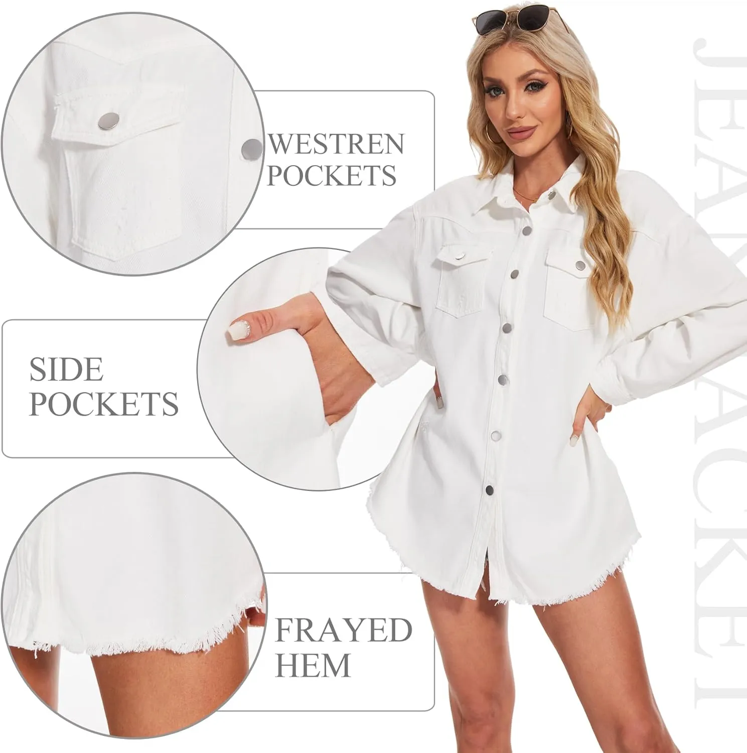 MISS MOLY Denim Jacket for Women Trendy Oversized Long Sleeve Frayed Hem Boyfriend Jean Shacket Coat
