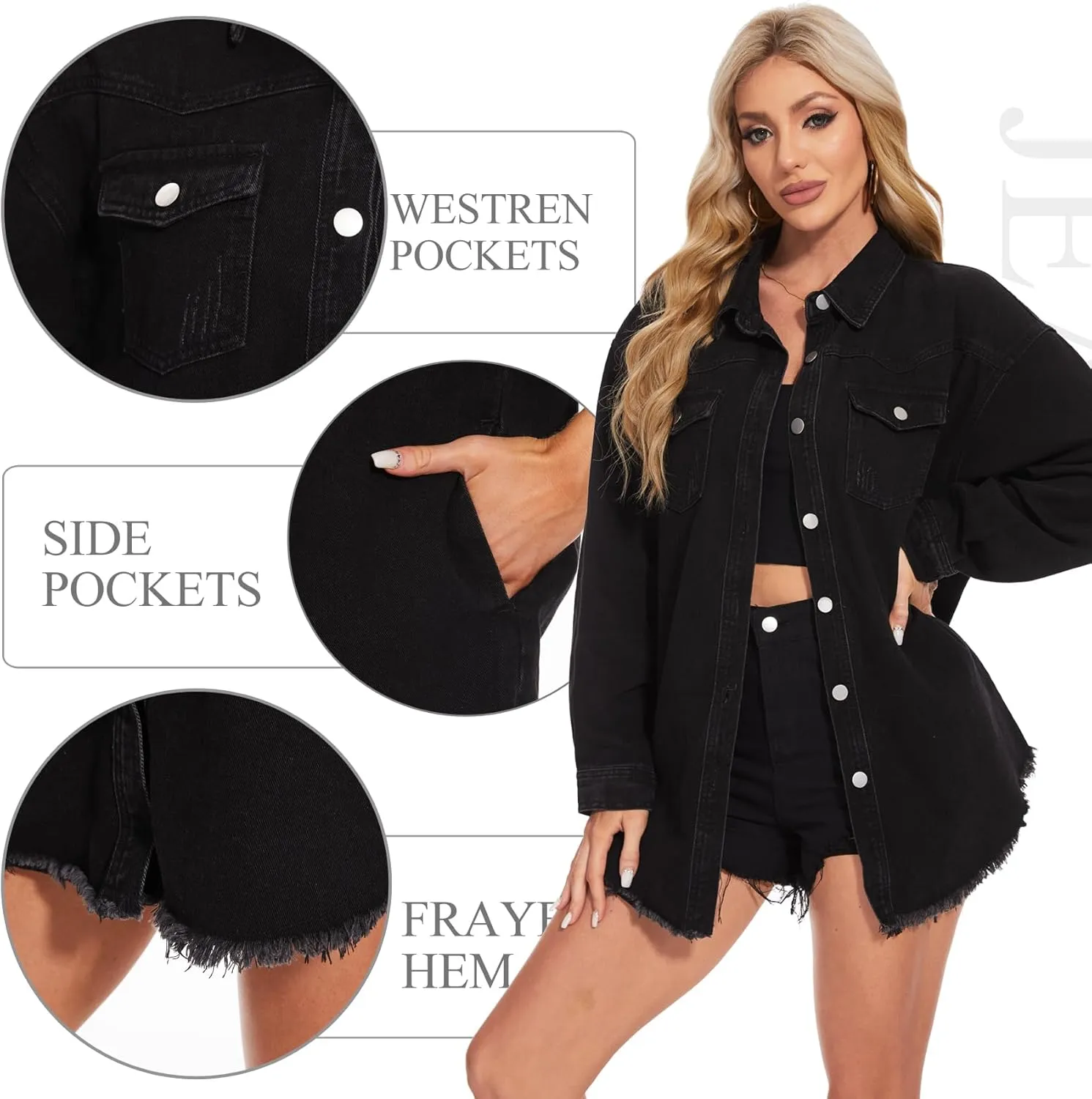 MISS MOLY Denim Jacket for Women Trendy Oversized Long Sleeve Frayed Hem Boyfriend Jean Shacket Coat