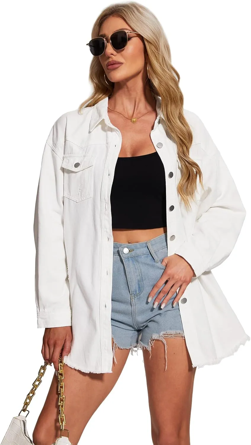 MISS MOLY Denim Jacket for Women Trendy Oversized Long Sleeve Frayed Hem Boyfriend Jean Shacket Coat