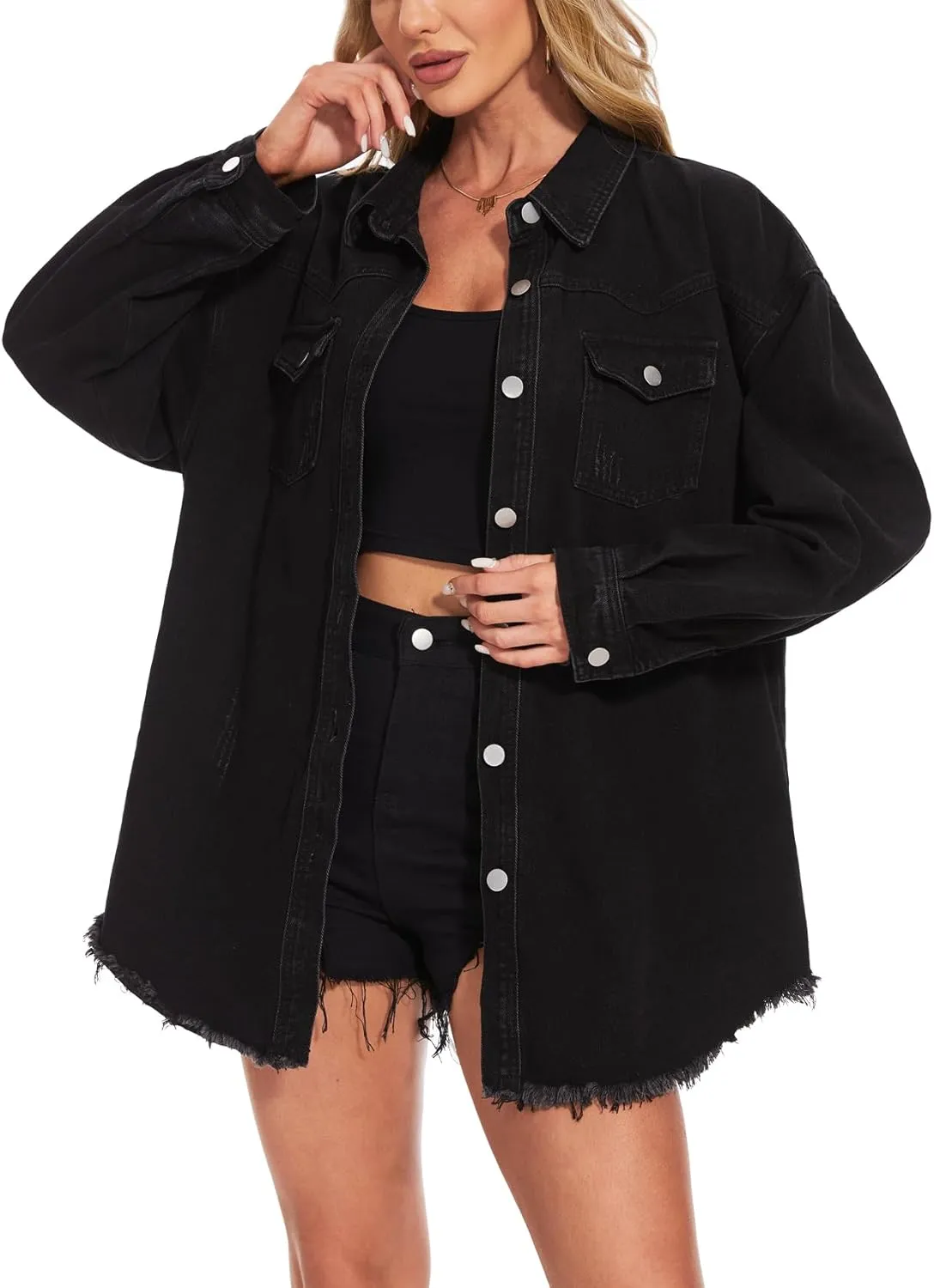 MISS MOLY Denim Jacket for Women Trendy Oversized Long Sleeve Frayed Hem Boyfriend Jean Shacket Coat