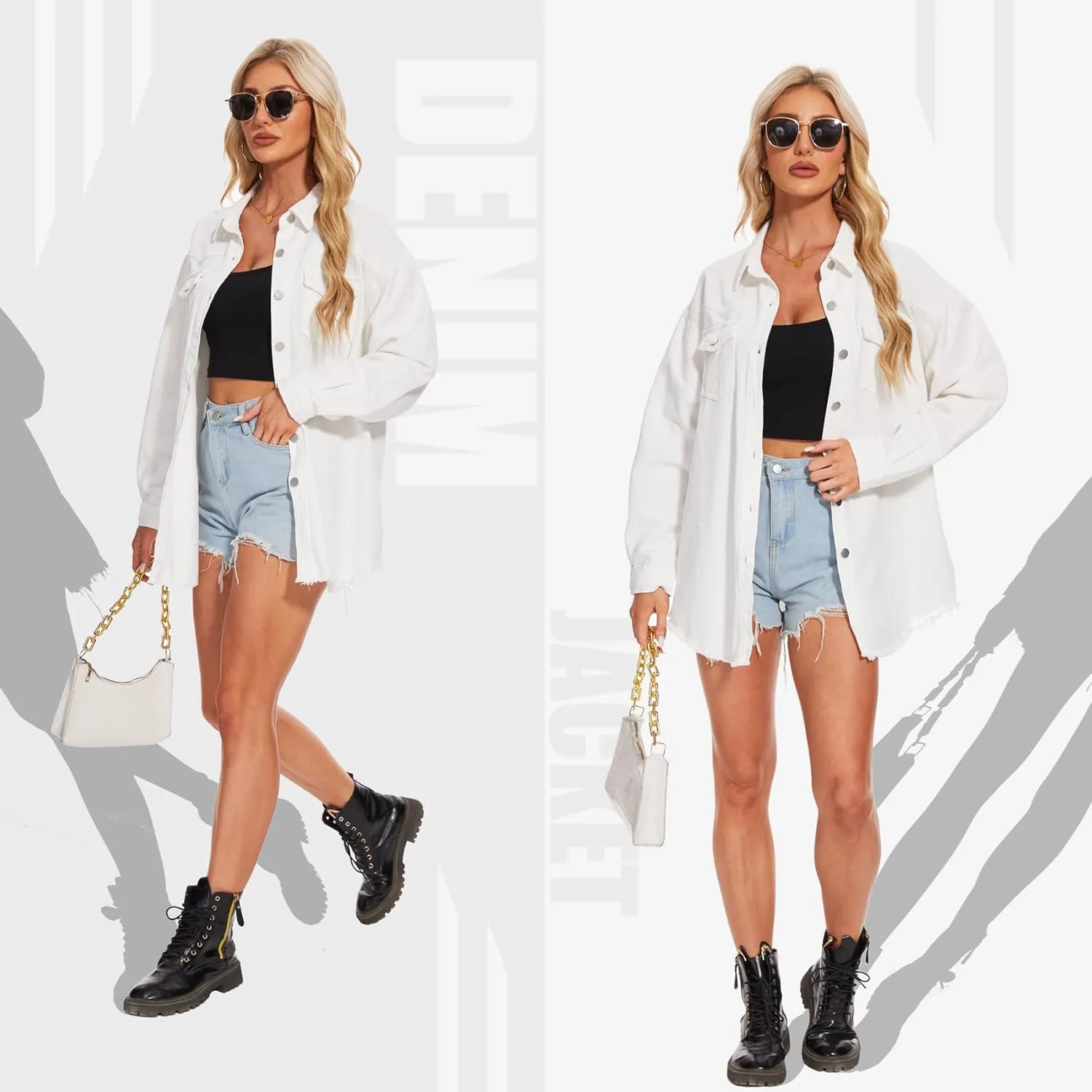 MISS MOLY Denim Jacket for Women Trendy Oversized Long Sleeve Frayed Hem Boyfriend Jean Shacket Coat