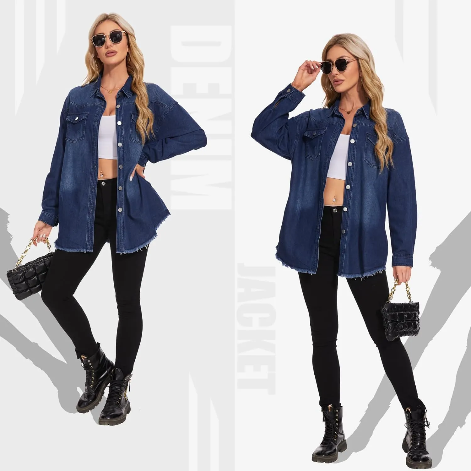MISS MOLY Denim Jacket for Women Trendy Oversized Long Sleeve Frayed Hem Boyfriend Jean Shacket Coat