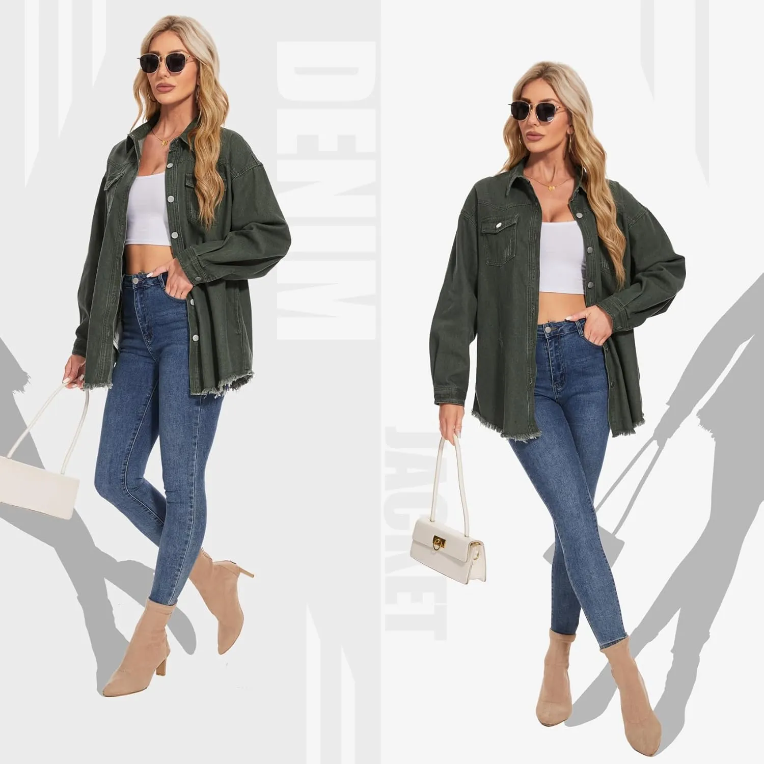 MISS MOLY Denim Jacket for Women Trendy Oversized Long Sleeve Frayed Hem Boyfriend Jean Shacket Coat