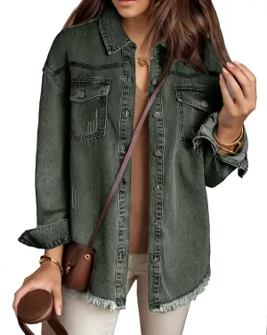 MISS MOLY Denim Jacket for Women Trendy Oversized Long Sleeve Frayed Hem Boyfriend Jean Shacket Coat