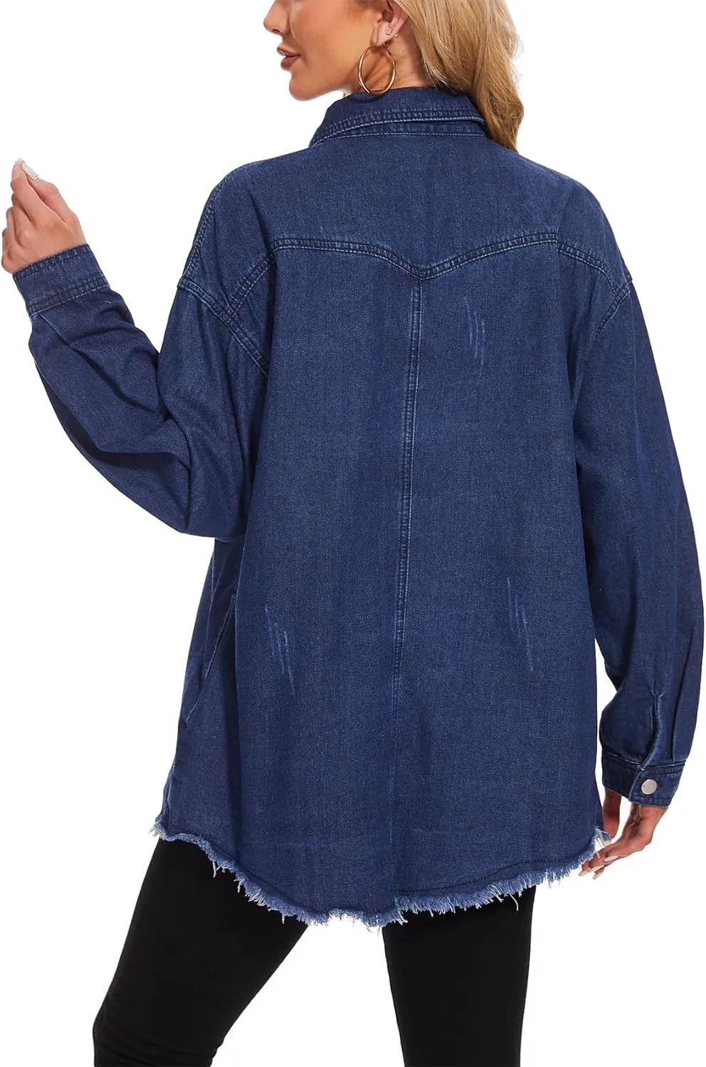 MISS MOLY Denim Jacket for Women Trendy Oversized Long Sleeve Frayed Hem Boyfriend Jean Shacket Coat