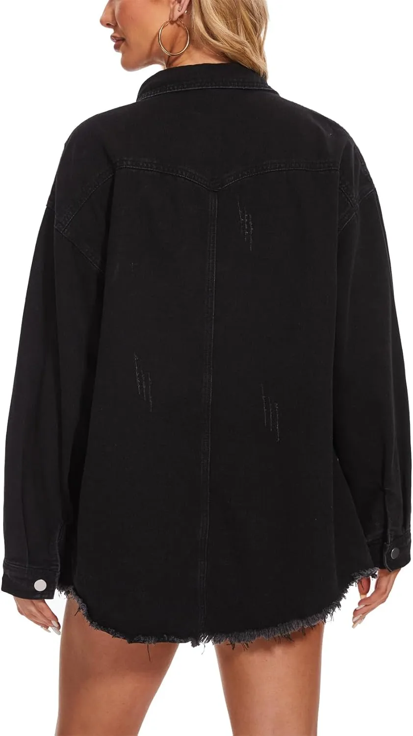 MISS MOLY Denim Jacket for Women Trendy Oversized Long Sleeve Frayed Hem Boyfriend Jean Shacket Coat