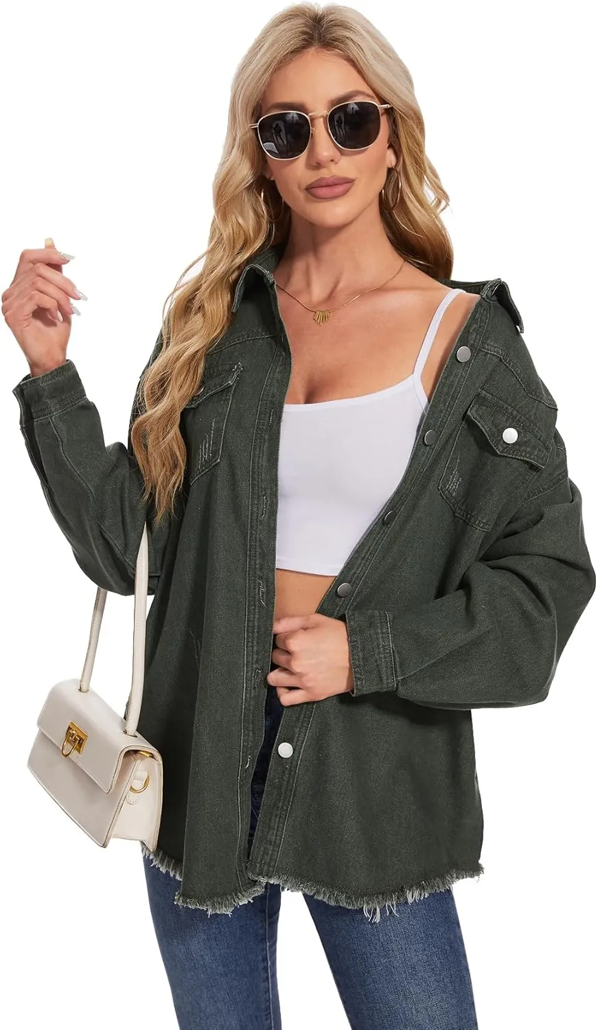 MISS MOLY Denim Jacket for Women Trendy Oversized Long Sleeve Frayed Hem Boyfriend Jean Shacket Coat