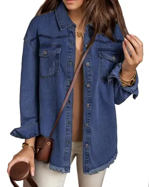 MISS MOLY Denim Jacket for Women Trendy Oversized Long Sleeve Frayed Hem Boyfriend Jean Shacket Coat